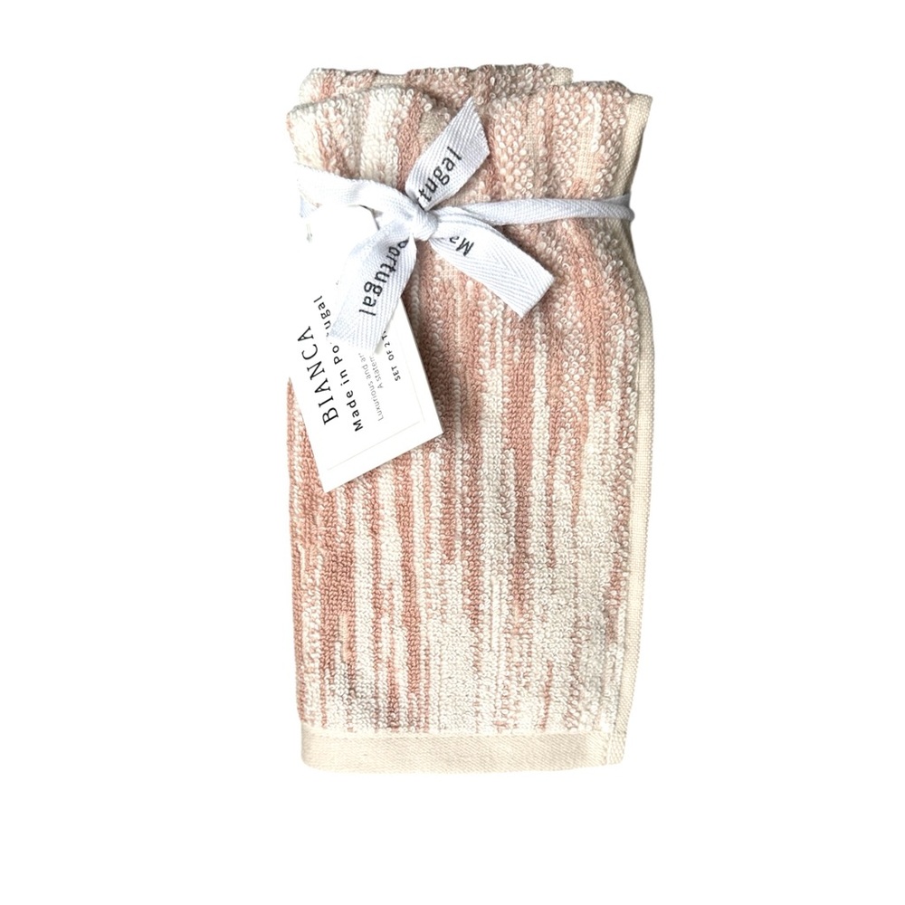Bianca Cotton Tip Towels Set of 2 Made in Portugal Dusty light Peach & Ivory NEW